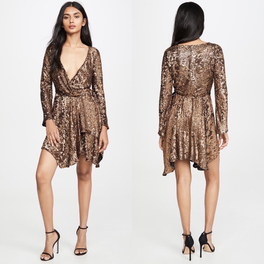 MARIA LUCIA HOHAN Galia Sequin Embellished Long Sleeve Wrap Dress in Brown